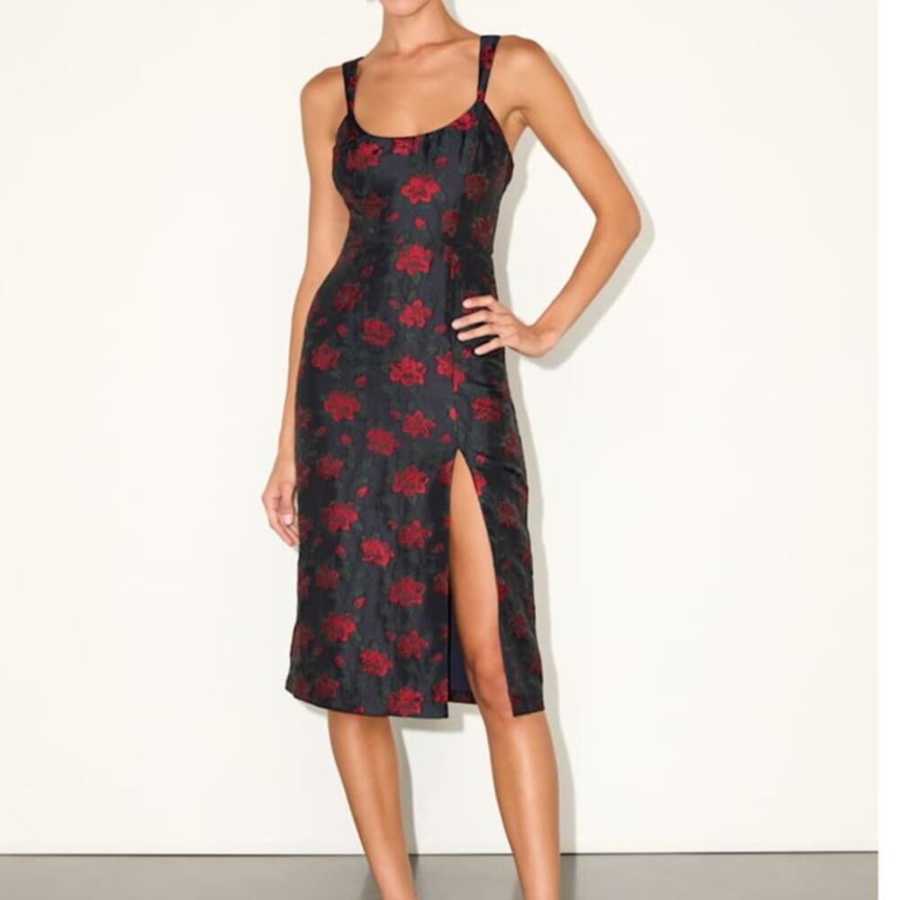 NEW Lulus Immaculate Chicness Navy Floral Sleek Woven Brocade Midi Dress Large